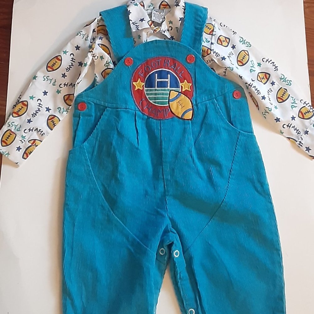 New With Tags Cute Football Theme Overall and Shirt Set